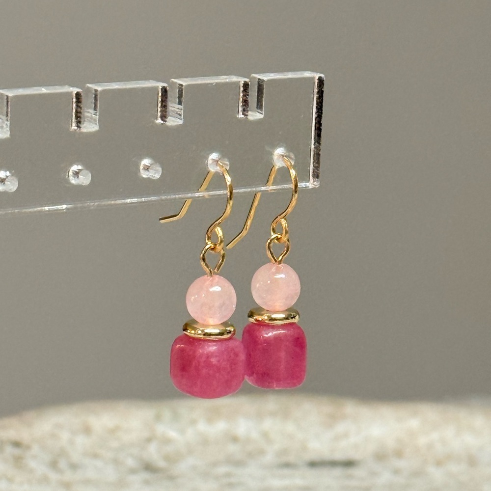 Rose And Strawberry Quartz Minimalist Dangle Earrings